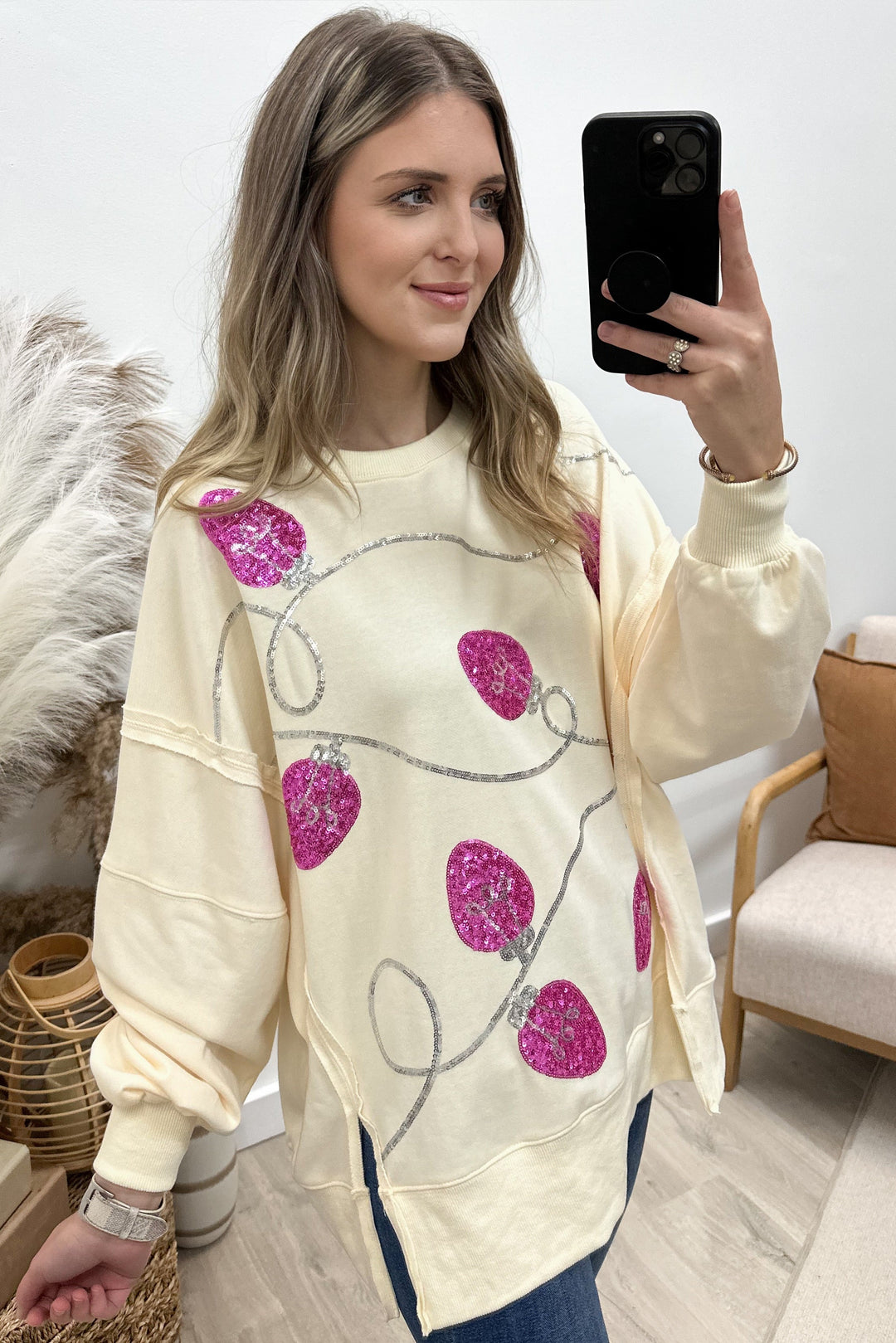 "Yuletide Sparkle" Sweater (Cream) - Happily Ever Aften