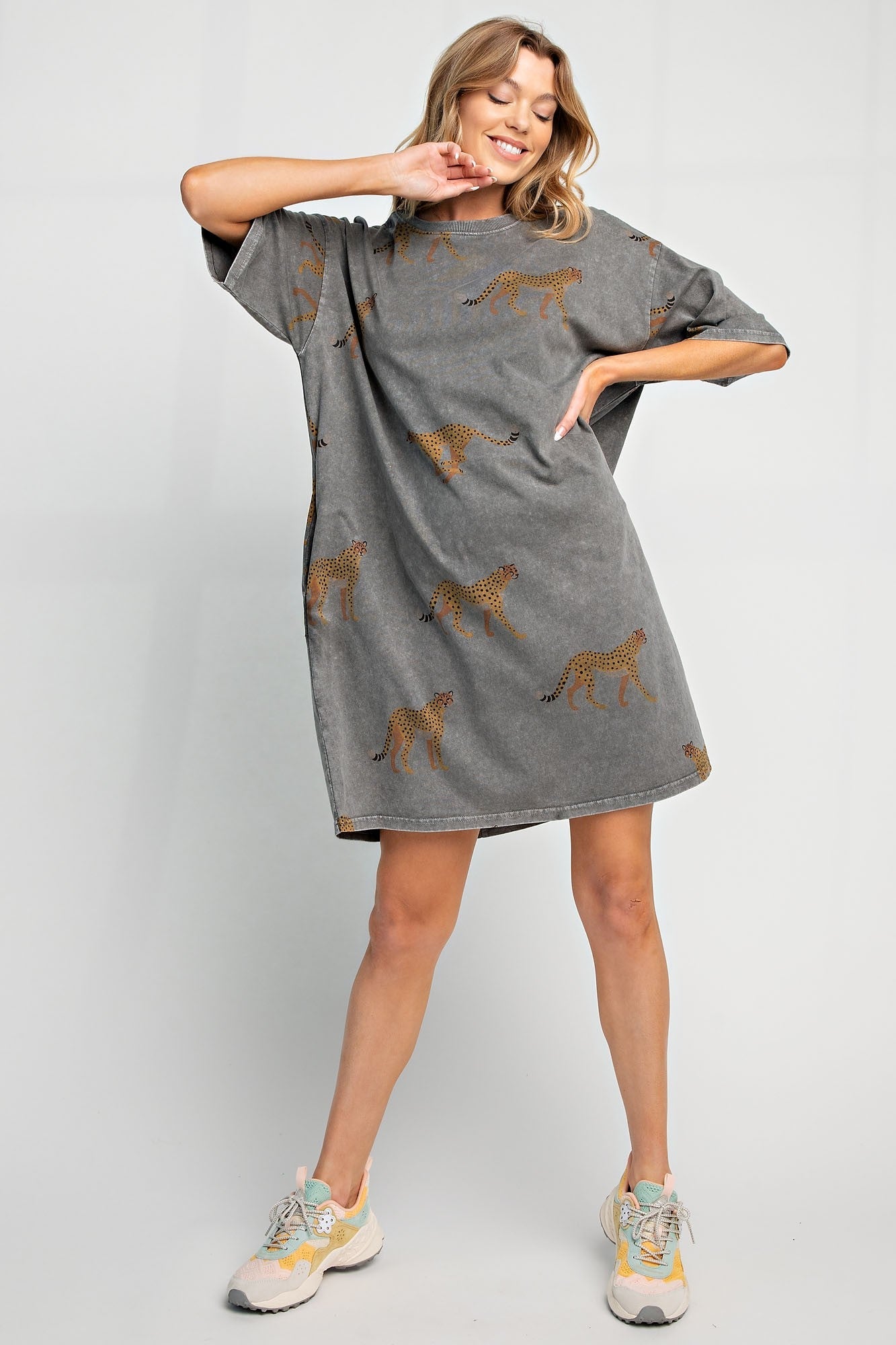 "Cheetah Or Not" T-Shirt Dress (Grey) - Happily Ever Aften