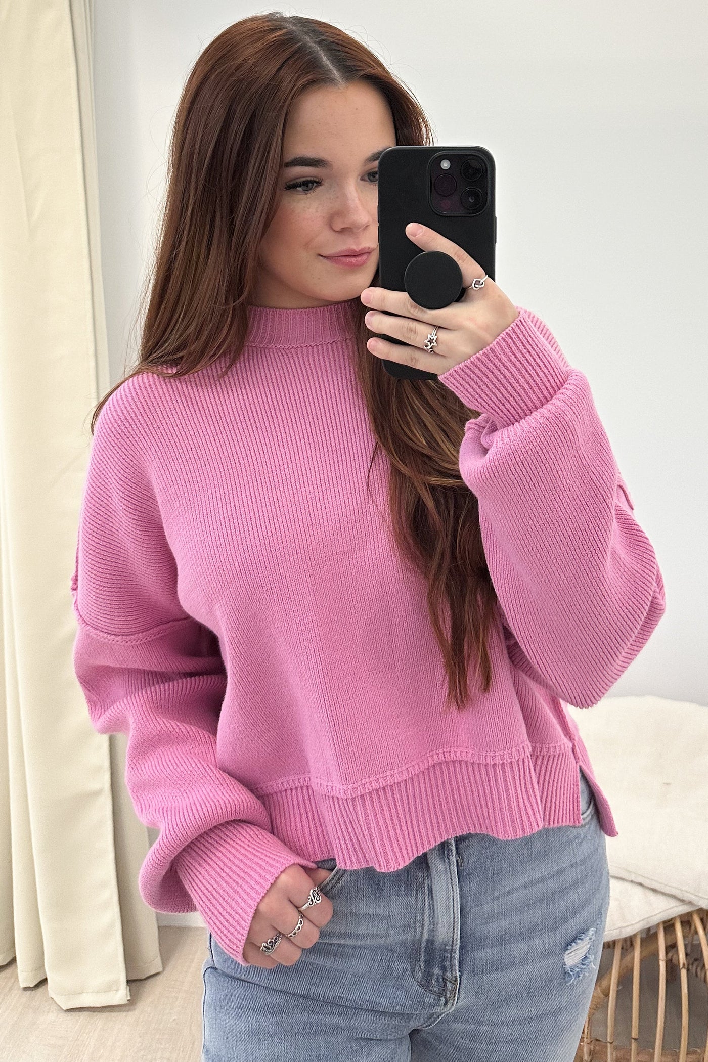 "Cozy With Knit" Sweater (Pink) - Happily Ever Aften