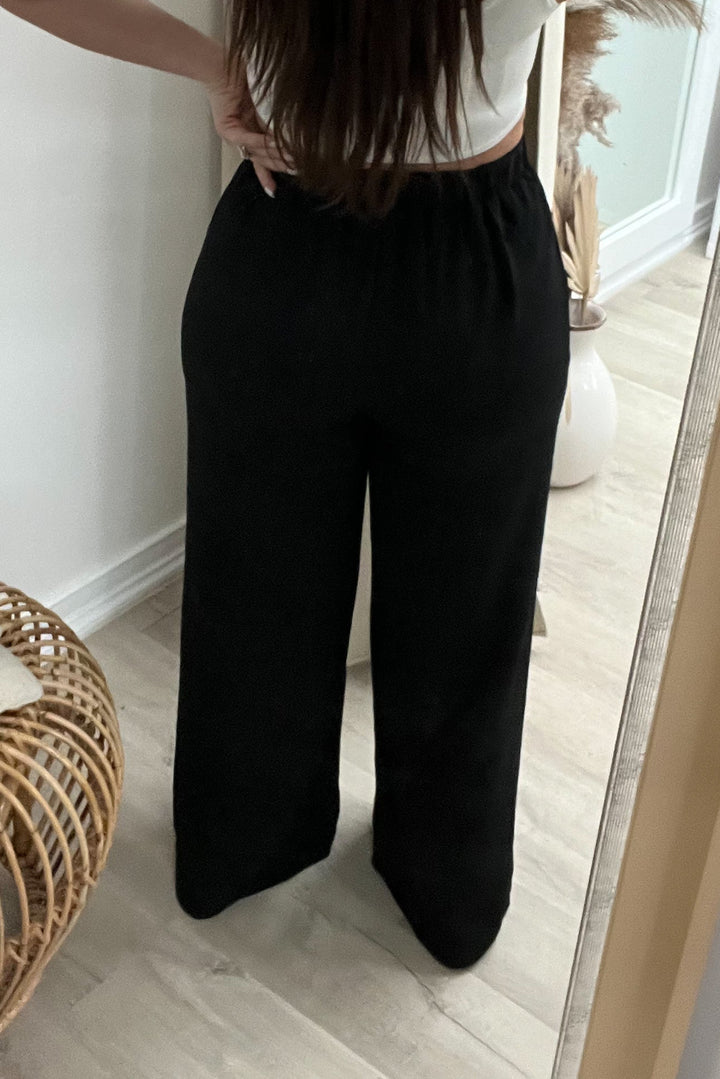 "Easy On Me" Wide Leg Pants (Black) - Happily Ever Aften