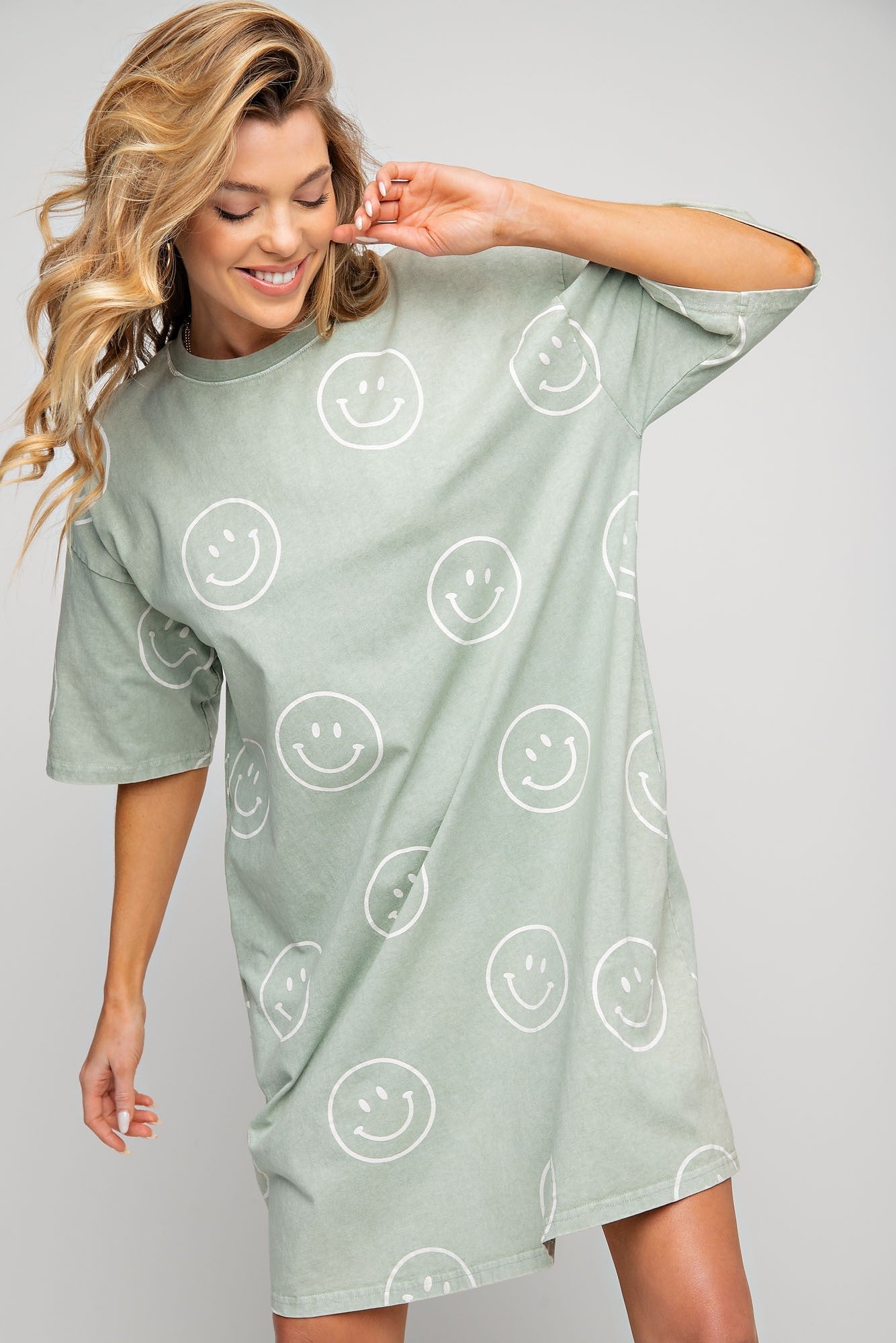 "Happy Days" T-Shirt Dress (Sage) - Happily Ever Aften