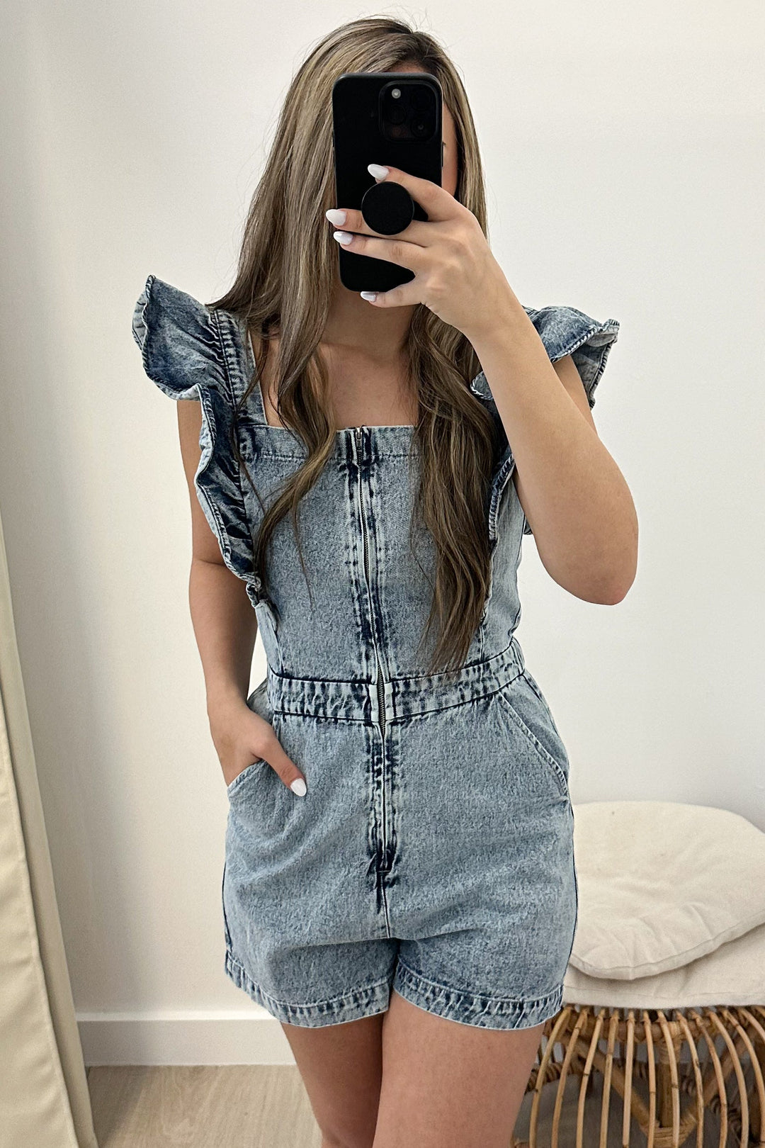 "Rodeo Cook-Off" Romper (Denim) - Happily Ever Aften