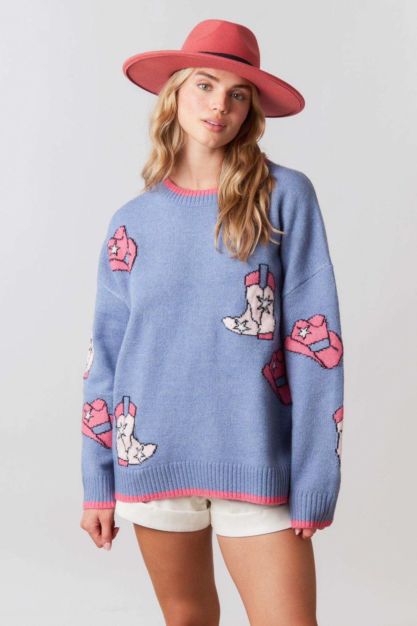 "Round Up" Sweater (Blue Multi) - Happily Ever Aften